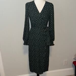 Max Studio Balloon Sleeve Green Polka Dot Wrap Midi Dress Women's XS
